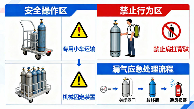 jimeng-2025-11-05-5393-气瓶搬运安全规范图,专用小车运输,机械固定装置,禁止肩扛背驮,漏气应急处理流程,...jpg