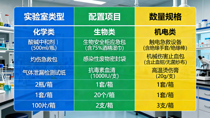 jimeng-2025-11-06-7888-信息图表设计，实验室急救药箱分类管理示意图，化学类、生物类、机电类实验室配置差异...jpg