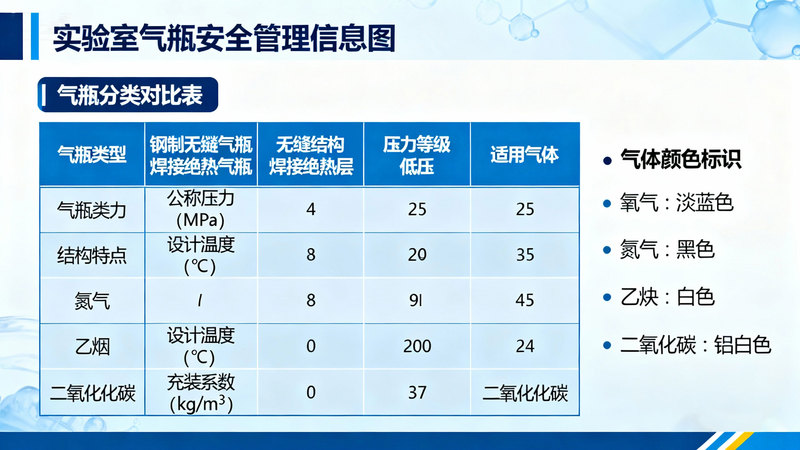 jimeng-2025-11-05-5969-实验室气瓶安全管理信息图，气瓶分类表格，钢制无缝气瓶与焊接绝热气瓶对比，高压与低...jpg